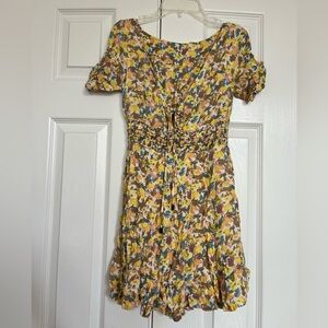 Muted Yellow Sundress with Brown & Blue Accents – Ruched & Puff Sleeves